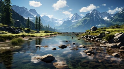 A serene lake surrounded by mountains. AI generated