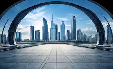 Panoramic skyline and modern commercial office buildings with empty square floors at night. Created with Generative AI technology.