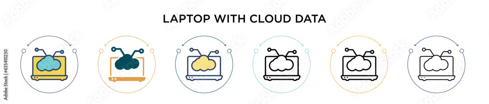 Poster laptop with cloud data symbol on screen icon in filled, thin line, outline and stroke style. vector 