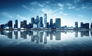 Obraz premium Panoramic skyline and modern commercial office buildings with empty square floors at night. Created with Generative AI technology.