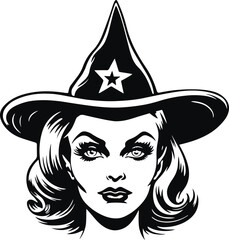 Halloween woman in a witch hat, Vintage Girl head, Halloween Vector illustration, SVG