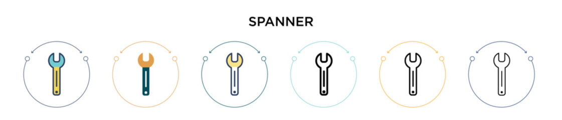 Spanner icon in filled, thin line, outline and stroke style. Vector illustration of two colored and black spanner vector icons designs can be used for mobile, ui, web