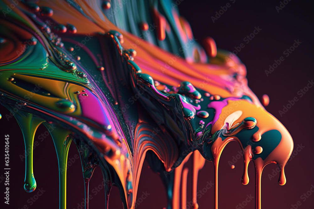 Leinwandbilder A paintbrush with vibrant colors dripping from its bristles, creating a mesmerizing pattern of colorful streaks.  Generative AI technology.
