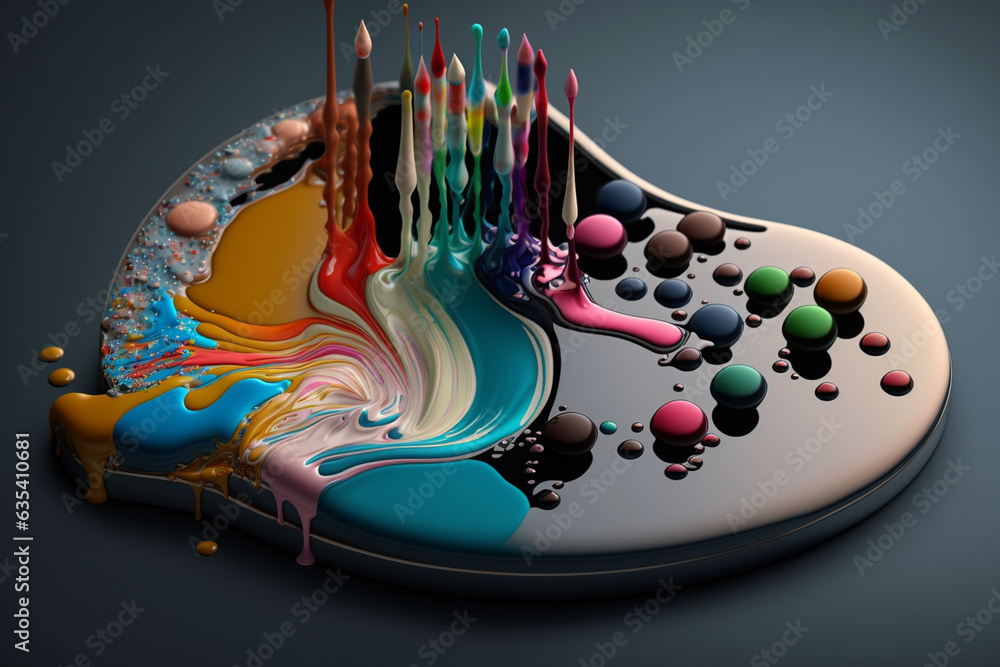 Poster a paint palette with various colors blending and dripping together, representing the artist's experi