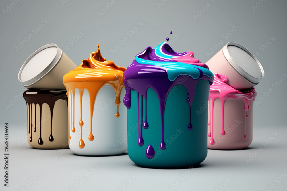 Poster A set of paint pots with different colors merging and dripping together, symbolizing the harmony and unity of artistic expression. Generative AI technology.