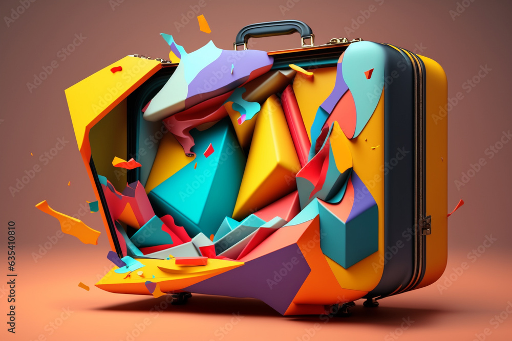Leinwandbilder an abstract suitcase bursting with colorful geometric shapes, representing the anticipation and expl