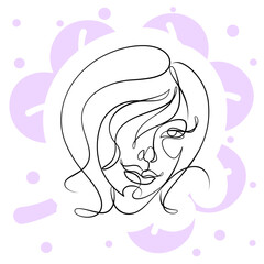 International Women's Day minimal design line drawing style. Portrait of young woman beauty face isolated on purple leaf background. Vector for Spa, fashion, hairdressing and beautiful artwork design.