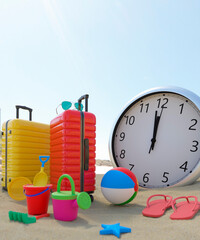 Holiday suitcases and beach toys on a beach with a large clock showing last minute booking concept 3d render
