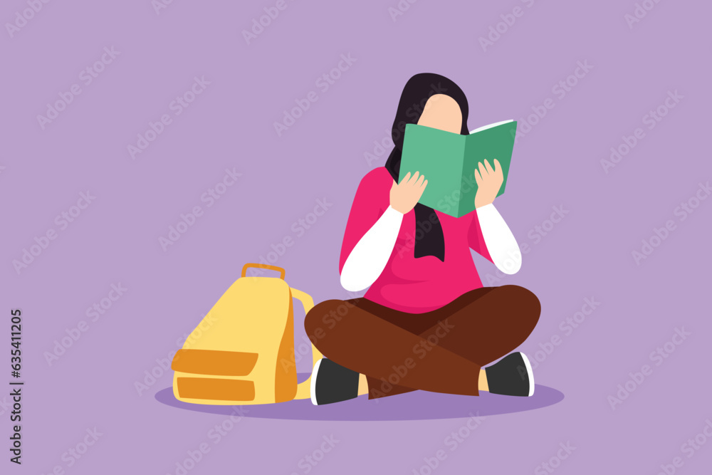 Wall mural cartoon flat style drawing happy arab woman reading book and sitting on floor. smart beautiful femal