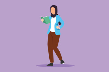 Graphic flat design drawing happy beautiful woman standing and reading book at library school. Pretty Arabian female reader enjoying literature or preparing for exam. Cartoon style vector illustration