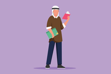 Cartoon flat style drawing Arab man stands and holds book in hands. Guy reading book. Student in university library. Boy spending spare time by reading literature. Graphic design vector illustration