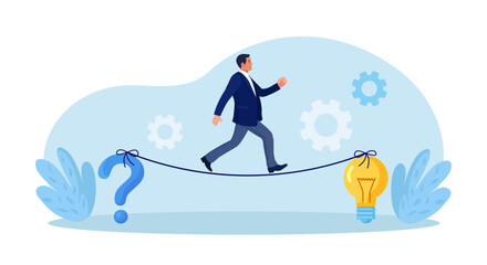 Businessman walking on rope stretched between question mark and light bulb. Finding solutions to problems. Human thoughts process. Problem solving skill, critical thinking. Business innovations