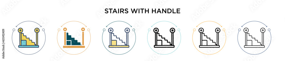 Poster stairs with handle icon in filled, thin line, outline and stroke style. vector illustration of two c