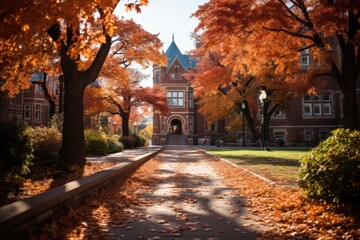 Fall Campus University campus adorned with fall foliage - stock photo concepts