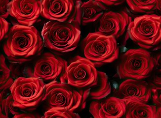 Naklejka premium Red rose background. SEAMLESS PATTERN. SEAMLESS WALLPAPER. Created with Generative AI technology.