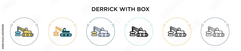Poster derrick with box icon in filled, thin line, outline and stroke style. vector illustration of two col