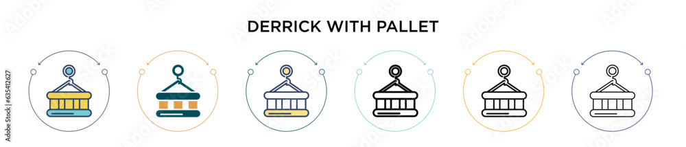 Poster derrick with pallet icon in filled, thin line, outline and stroke style. vector illustration of two 