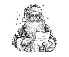 Cute Santa reading a Christmas letter.Vector black and white illustration in sketch style isolated on white background. Coloring book, flat design