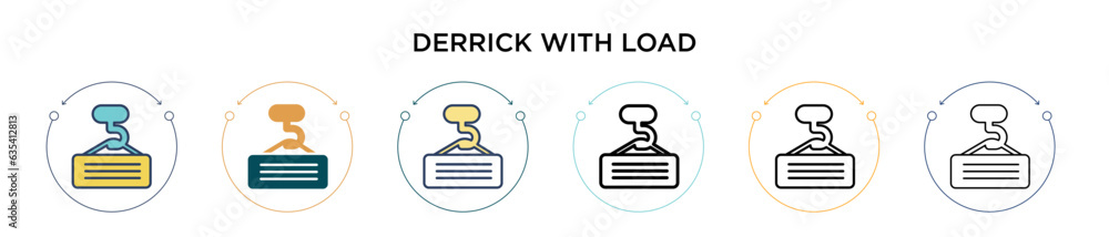 Poster derrick with load icon in filled, thin line, outline and stroke style. vector illustration of two co