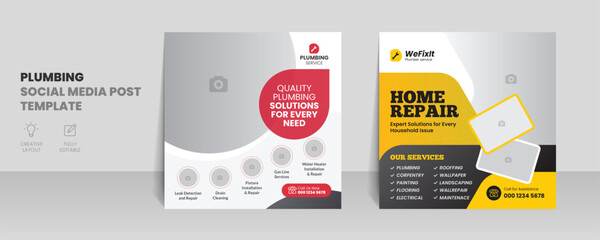 Plumber social media post template with home repair plumbing service web banner design layout