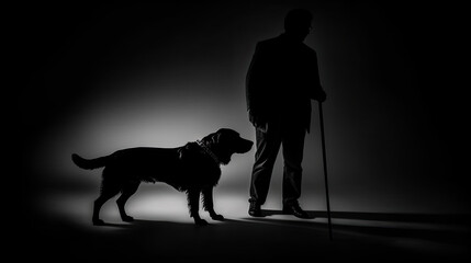 Silhouette of A Guide dog with blind man. golden, labrador, Guide Dog. Generative Ai