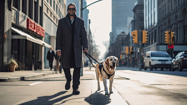 A guide dog helps a visually impaired man walk in city. golden, labrador, Guide Dog. Generative Ai
