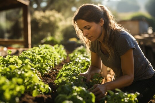 Homestead Harvest Person tending to a bountiful garden  - stock photo concepts