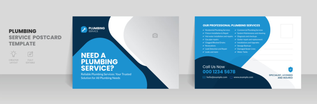 Plumbing service postcard template with handyman home repair and plumber invitation card design layout - Powered by Adobe