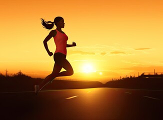 Athlete running on the road trail in sunset training for marathon and fitness. motion blur of woman exercising outdoors Created with Generative AI technology.