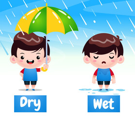 Cute Boy Cartoon Example Of Opposite Word Dry And Wet