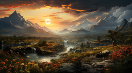 Fototapeta premium Landscape of a river flowing through a mountain valley at sunset with a waterfall in the background. Generative ai