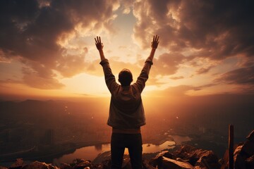 Fototapeta premium Overwhelmed Gratitude Person with hands raised - stock photo concepts