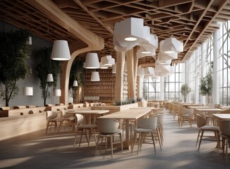 Restaurant in a modern style with textured walls and a parquet. There are gray sofas with tables, decorative wooden poles with birds, bar, plants. Created with Generative AI technology.