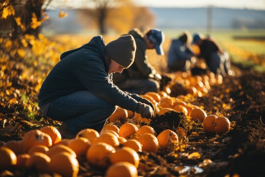 Pumpkin Harvest Families picking pumpkins - stock photo concepts