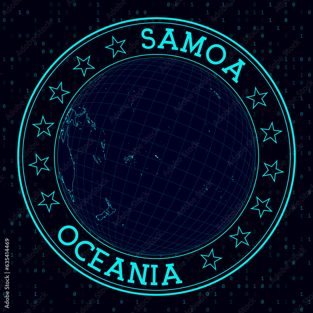 Poster samoa round sign. futuristic satellite view of the world centered to samoa. geographical badge with 