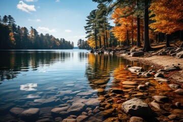 Obraz premium Seasonal Reflections Calm lake reflecting vibrant autumn - stock photo concepts