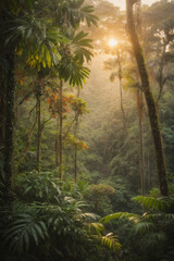 Beautiful image of rain forest in Costa Rica, oil technique drawing, romantic painting, calm, precious, autumn weather with a sunset. Image created using artificial intelligence.