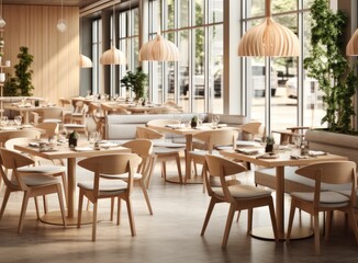 Fototapeta na wymiar Restaurant in a modern style with textured walls and a parquet. There are gray sofas with tables, decorative wooden poles with birds, bar, plants. Created with Generative AI technology.