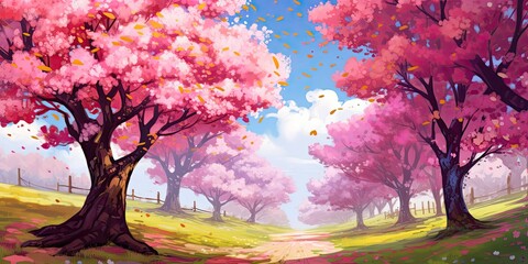 Obraz na płótnie Canvas Spring Blossoms - A vibrant spring scene with blossoming trees and a carpet of colorful flowers. 🌸🌼