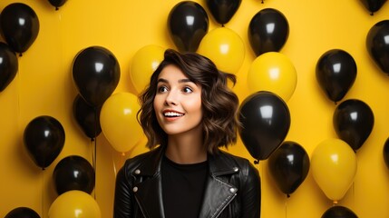 Girl on the background of yellow balloons. black friday sale holiday concept created with Generative AI technology