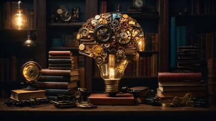 Machine learning, education, gear and brain, clock and books, gpt, chatgpt, AI tools, tools, art, abstract