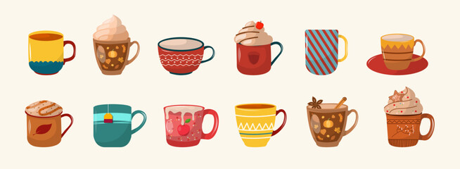 Set of different autumn and winter drinks isolated. Vector illustration.