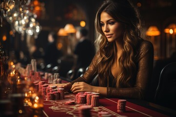Trying her hand at a poker game in a classic casino - stock photo concepts