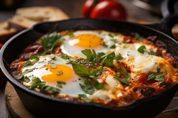 Shakshuka, a flavorful and healthy Middle Eastern breakfast, served in a small cast-iron skillet with crispy baked eggs, topped with a drizzle of olive oil.