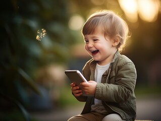  laughing child holding smartphone, in the style of sunrays shine upon it