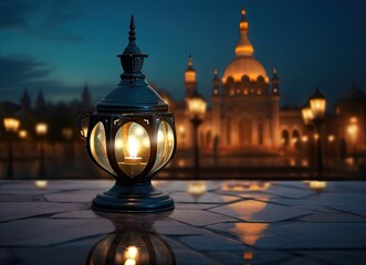 Obraz premium Ramadan Kareem greeting photo with serene mosque background with beautiful glowing lantern. Created with Generative AI technology.