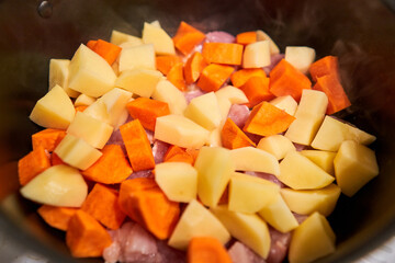 We prepare healthy food. Chicken breast in pieces with potatoes and carrot in a saucepan simmer on low heat. Home cooking. Healthy food, cooked without oil and salt.
