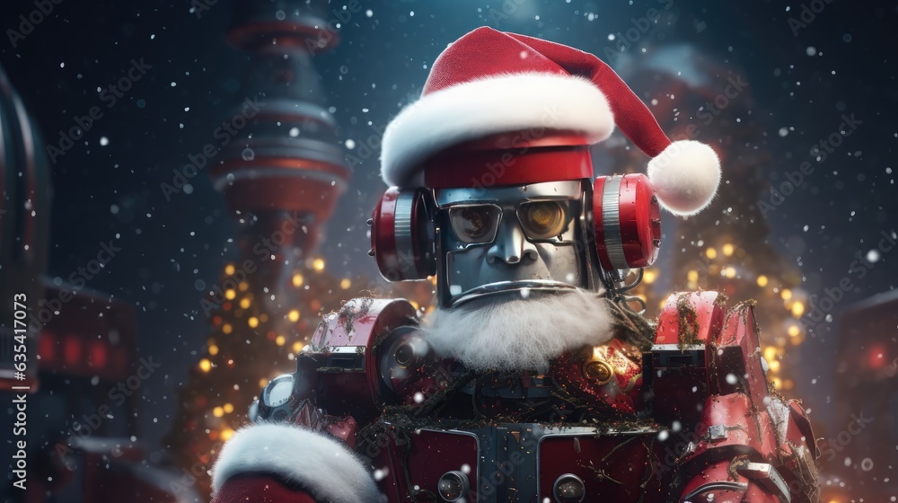 Poster new year christmas card template. robot in a santa claus hat. copy space for text. created with gene