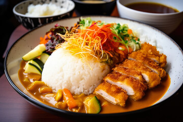 Chicken Katsu Curry with a medley of colorful vegetables, served over a bed of warm rice in a deep bowl, creating a hearty and filling Japanese cuisine experience.