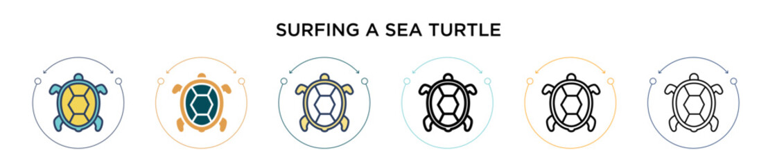Surfing a sea turtle icon in filled, thin line, outline and stroke style. Vector illustration of two colored and black surfing a sea turtle vector icons designs can be used for mobile, ui, web © Digital Bazaar